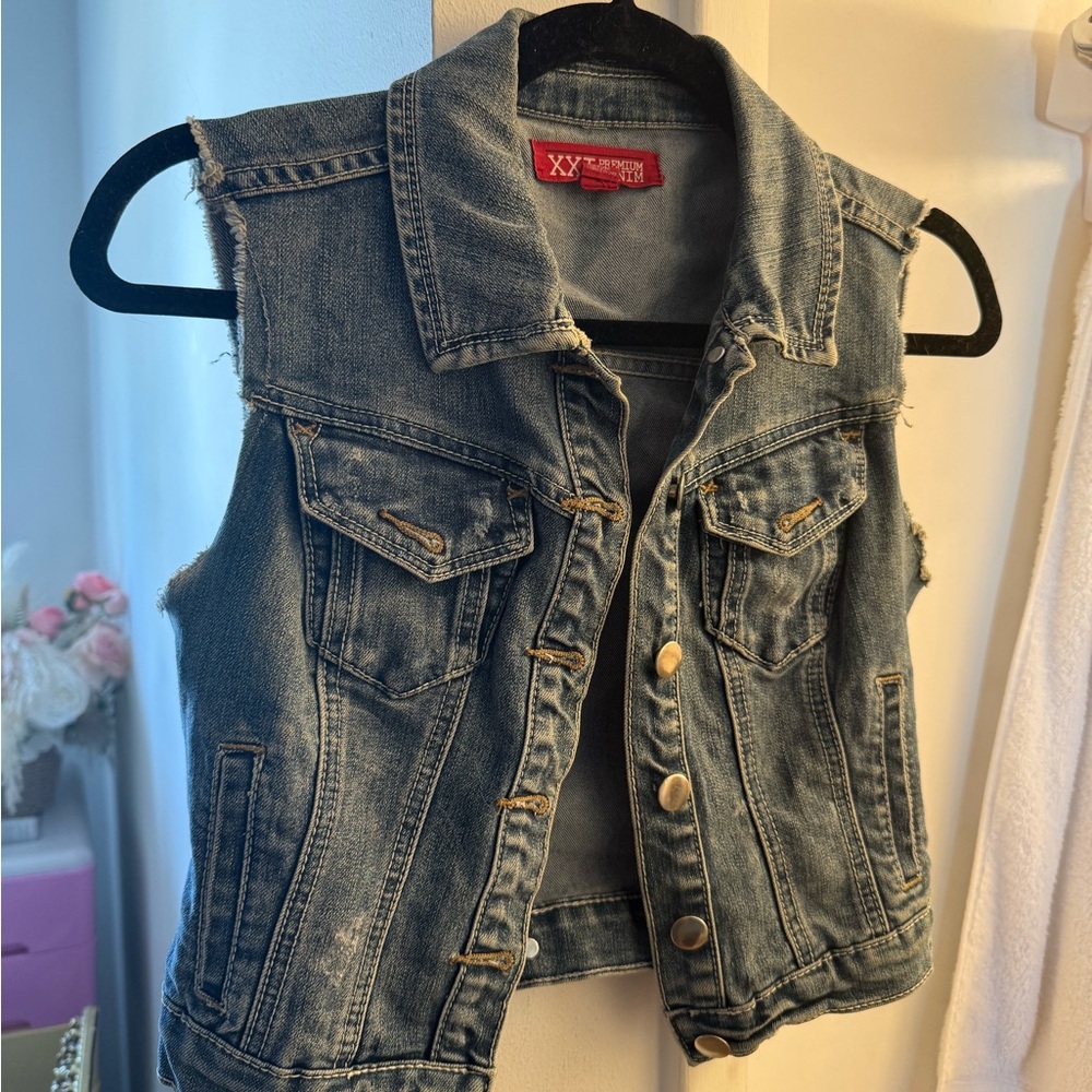 Denim Sleeveless Vest with Frayed Edges